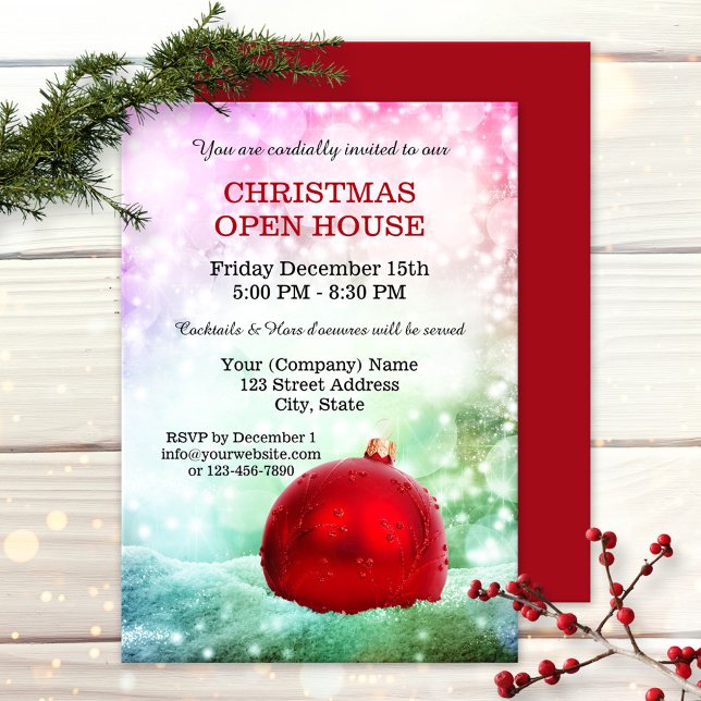 Moukling Company Helgdagars Open House-inbjudan Inbjudningar (Christmas company open house invitation featuring a red bauble with light sparkles in pastel colors)
