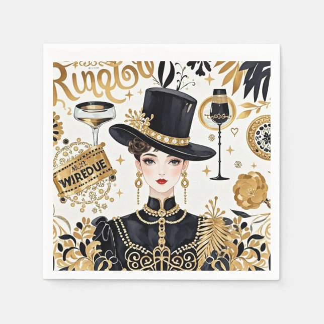 Moulin rouge-stil, svart och guld, Rik lyx Pappersservett (Framsidan)