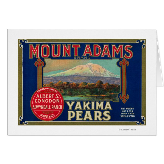 Mount Adams Pear Låda LabelYakima, WA Hälsningskort (Framsidan Horizontal)