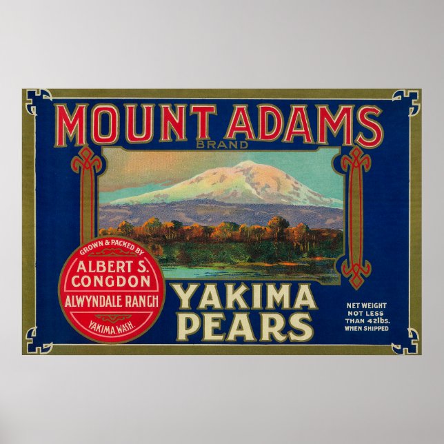 Mount Adams Pear Låda LabelYakima, WA Poster (Framsidan)