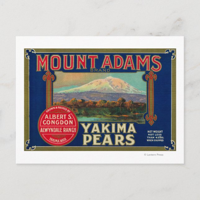 Mount Adams Pear Låda LabelYakima, WA Vykort (Framsida)