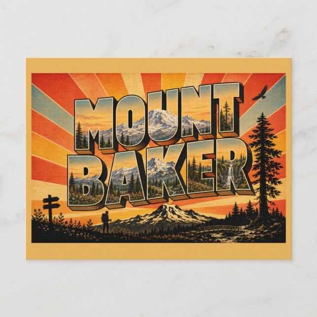 Mount Baker WA Vulkan Gammalväxt Konst Vykort (Framsida)