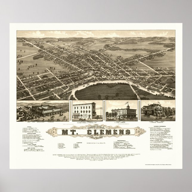 Mount Clemens, MI Panoramic Karta - 1882 Poster (Framsidan)