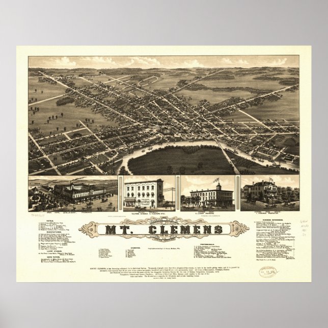 Mount Clemens Michigan 1881 Antique Panoramic Kart Poster (Framsidan)