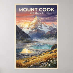 Mount Cook Nya Zeeland Vintage Resa Poster