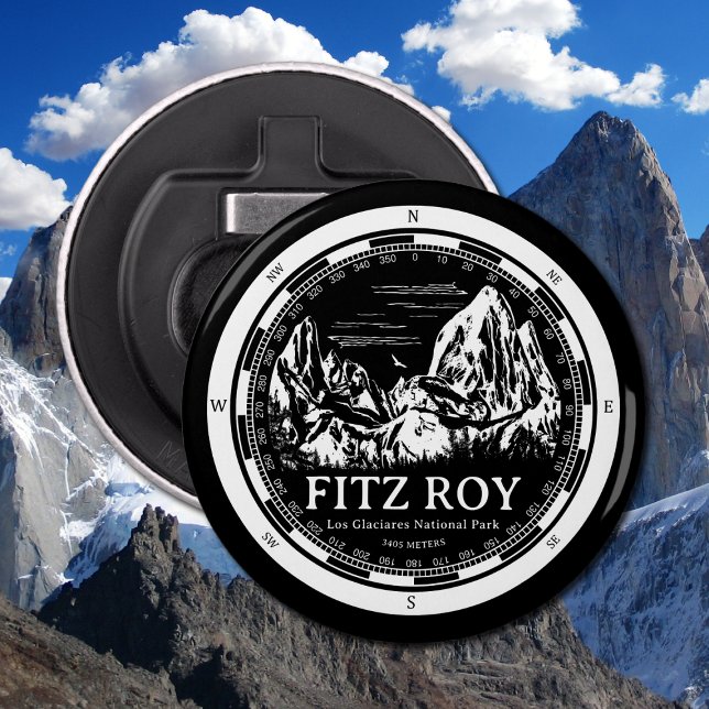 Mount Fitz Roy - Cerro Chaltén Sydamerika Flasköppnare (Mount Fitz Roy Bottlel Opener in Back with a white compass and mountain illustration)