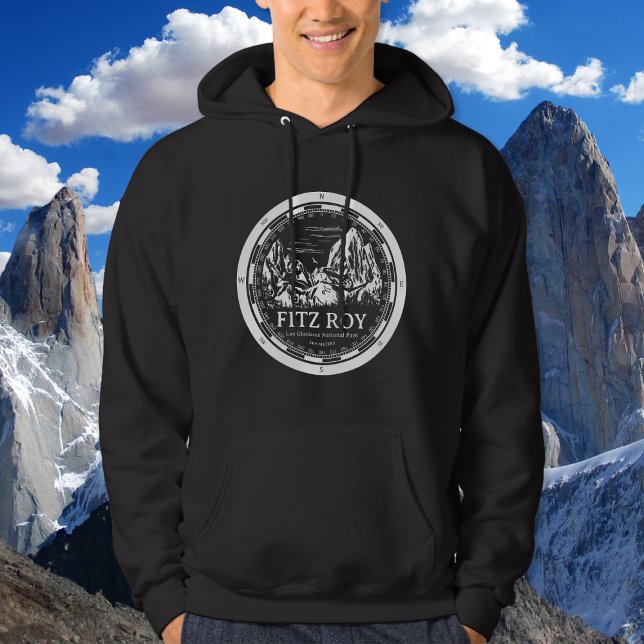 Mount Fitz Roy - Cerro Chaltén Sydamerika Hoodie (Mount Fitz Roy Hoodie in Back with a white compass and mountain illustration)