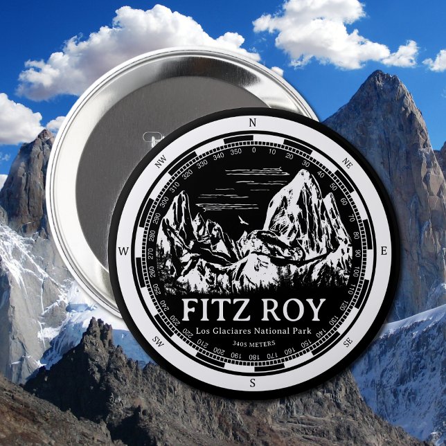 Mount Fitz Roy - Cerro Chaltén Sydamerika Knapp (Mount Fitz Roy Button in Back with a white compass and mountain illustration)