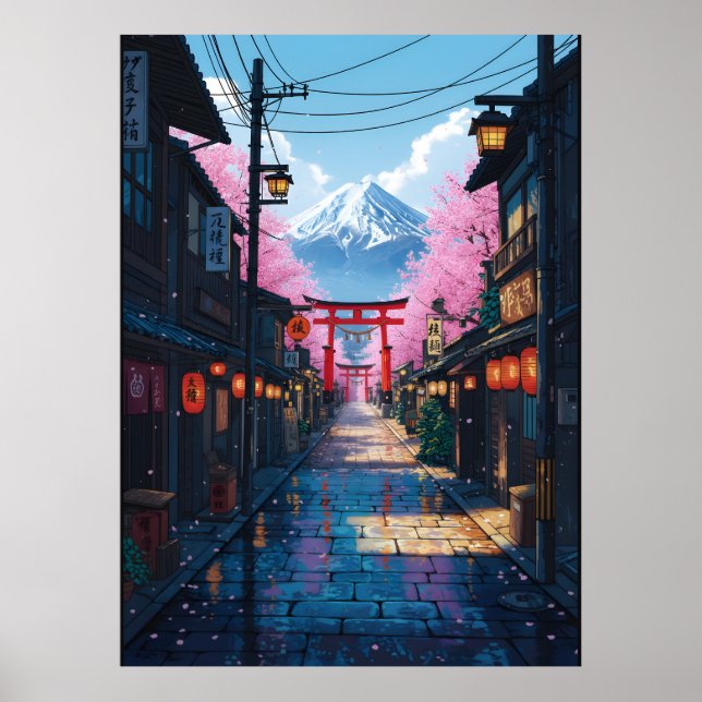 Mount Fuji Cherry Blossom Street Japanese Torii Poster (Framsidan)
