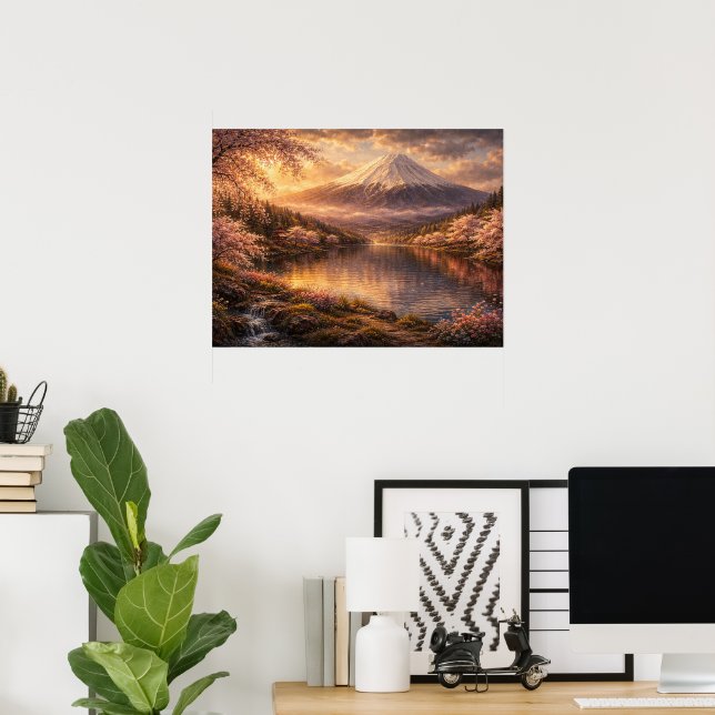 Mount Fuji & körsbärsblommor Oljemålning Poster (Hemmakontoret)