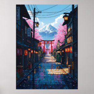 Mount Fuji Körsbärsblomsgata Japanska Torii Poster