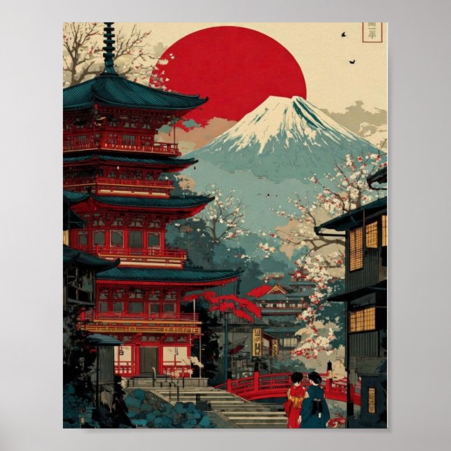 Mount Fuji & Röd Pagod Affisch – Japansk Soluppgån (Framsidan)