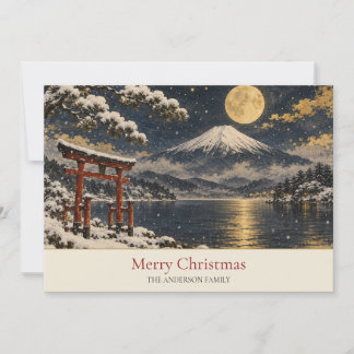 Mount Fuji Röd Torii Guld Måne Snö Familjenamn Julkort