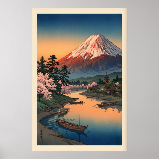 Mount Fuji Solnedgångstryck - Dimmig himmel, spege Poster (Framsidan)
