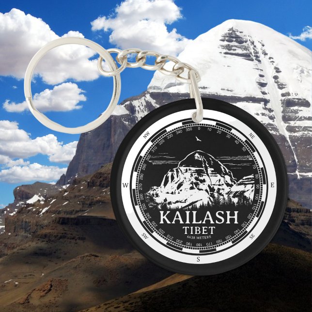 Mount Kailash - Gang Rinpoche Tibet (Mount Kailash - Gang Rinpoche Keychain in Back with a white compass and mountain illustration)