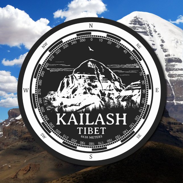 Mount Kailash - Gang Rinpoche Tibet Underlägg Papper Rund (Mount Kailash - Gang Rinpoche Coaser in Back with a white compass and mountain illustration)