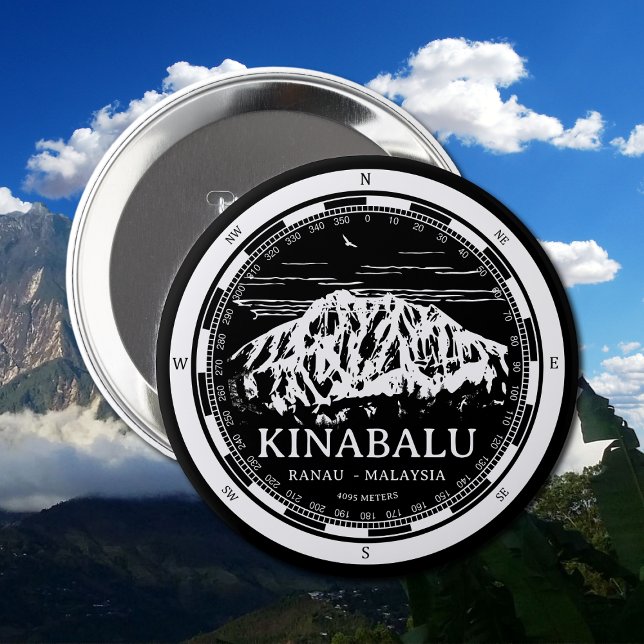 Mount Kinabalu - Ranau Malaysia Sabah Illustration Knapp (Mount Kinabalu Malaysia Button in Back with a white compass and mountain illustration)