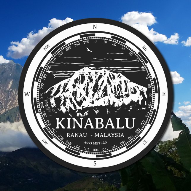 Mount Kinabalu - Ranau Malaysia Sabah Illustration Underlägg Papper Rund (Mount Kinabalu Malaysia Coaster in Back with a white compass and mountain illustration)