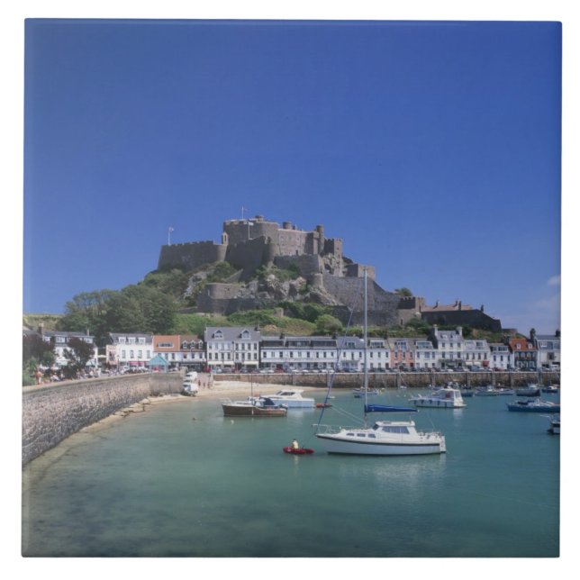 Mount Orgueil slott och hamn, Gorey, Jersey Kakelplatta (Framsidan)