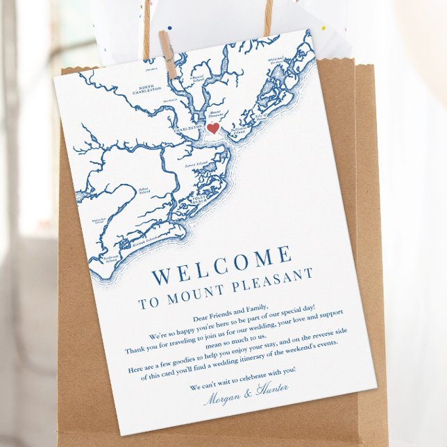 Mount Pleasant SC Bröllops Itinerary Blå Tack Kort (The Pavilion at Patriots Point Wedding Weekend Itinerary Card by Coastal Map Designs)