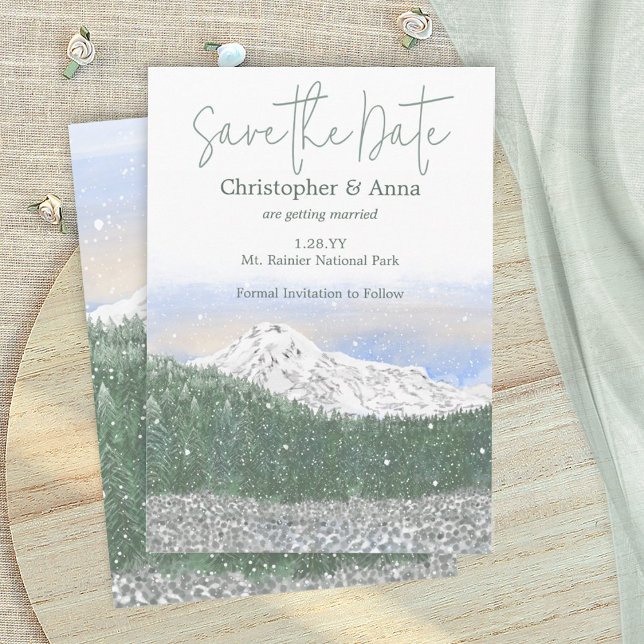 Mount Rainier, fallande snö bröllop spara datum Rådkort (mount mt. rainier save the date wedding card, mountains, snow, trees, forest wedding invitation)