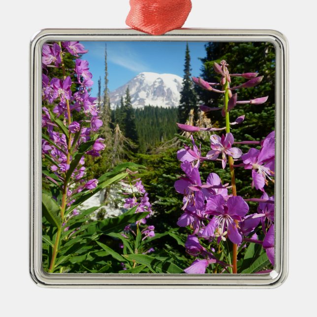 Mount Rainier mellan lila floxblommor Julgransprydnad Metall (Framsidan)
