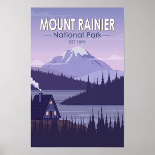 Mount Rainier National Park Washington Stuga Retro Poster