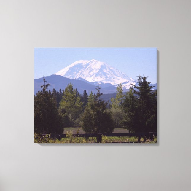 Mount Rainier och Gräs Träd 3-Panel Canvas (Framsida)