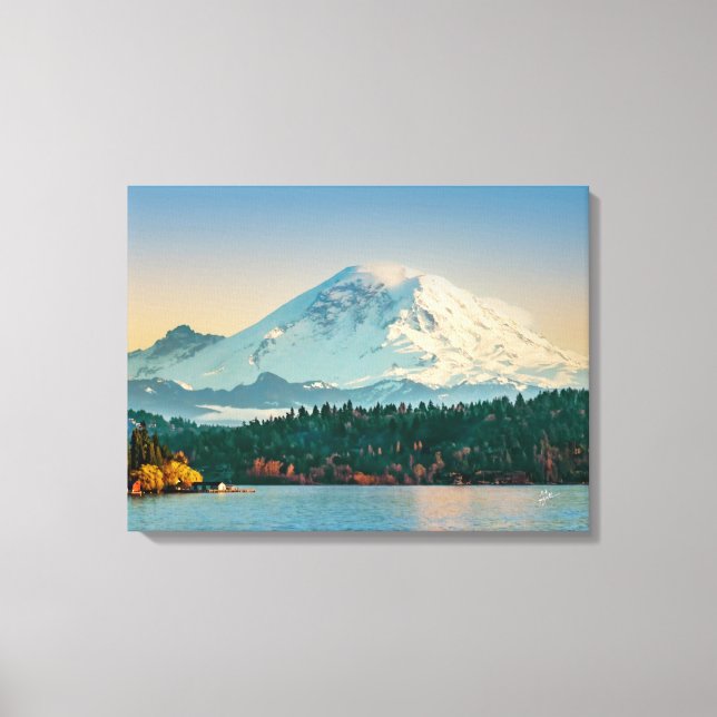 Mount Rainier över Lake Washington Stor Fin Konst Canvastryck (Framsida)