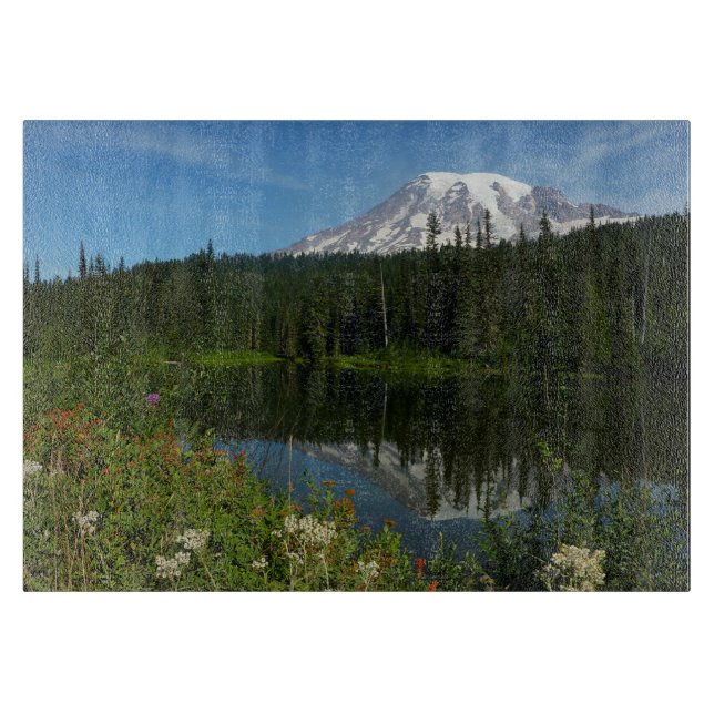 Mount Rainier sjöreflektion med vilda blommor (Framsidan)