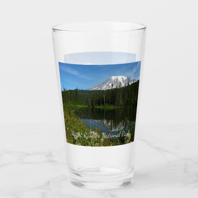 Mount Rainier sjöreflektion med vilda blommor Glaskopp (Framsida)