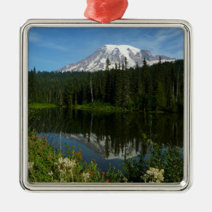 Mount Rainier sjöreflektion med vilda blommor Julgransprydnad Metall