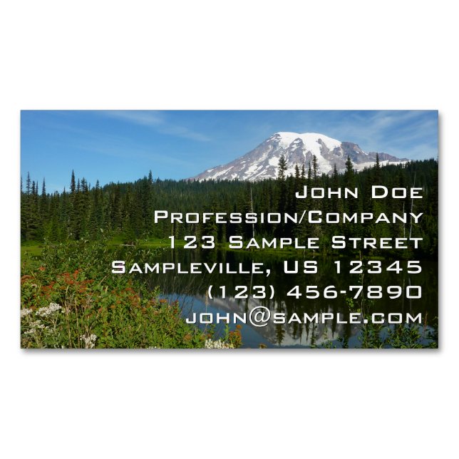 Mount Rainier sjöreflektion med vilda blommor Magnetiska Visitkort (Framsida)