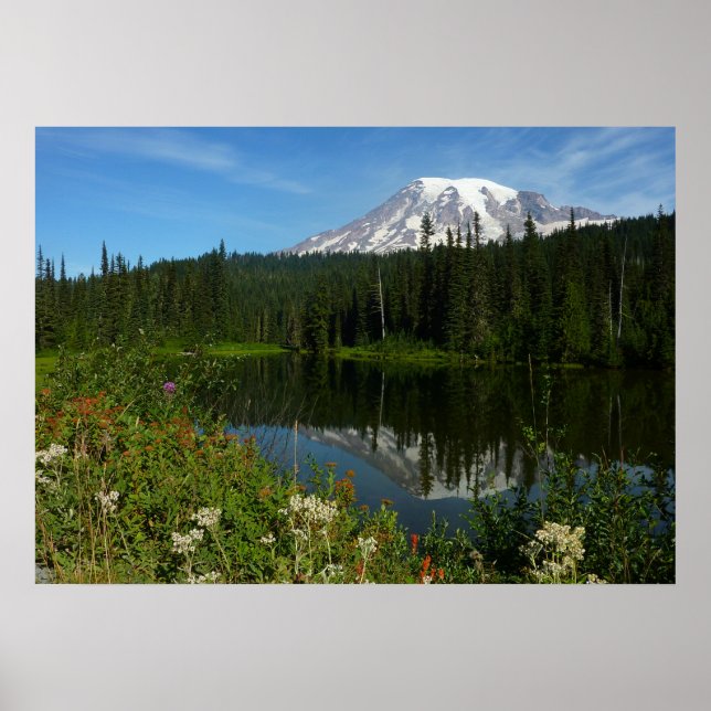 Mount Rainier sjöreflektion med vilda blommor Poster (Framsidan)