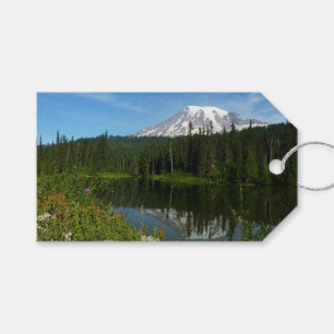 Mount Rainier sjöreflektion med vilda blommor Presentetikett