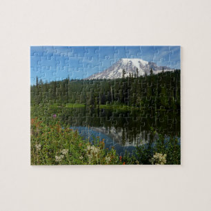 Mount Rainier sjöreflektion med vilda blommor Pussel