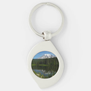 Mount Rainier sjöreflektion med vilda blommor Swirl Silverfärgad Nyckelring