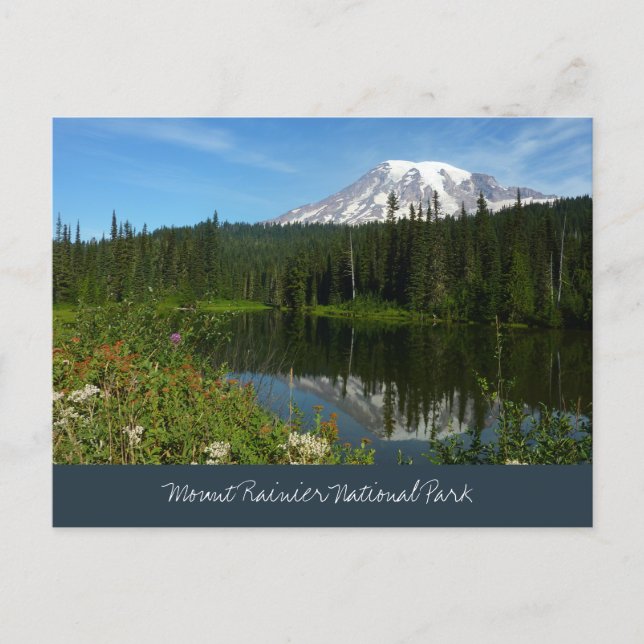 Mount Rainier sjöreflektion med vilda blommor Vykort (Framsida)