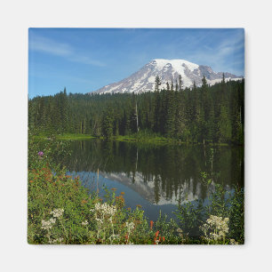 Mount Rainier sjöspegling med vilda blommor Magnet