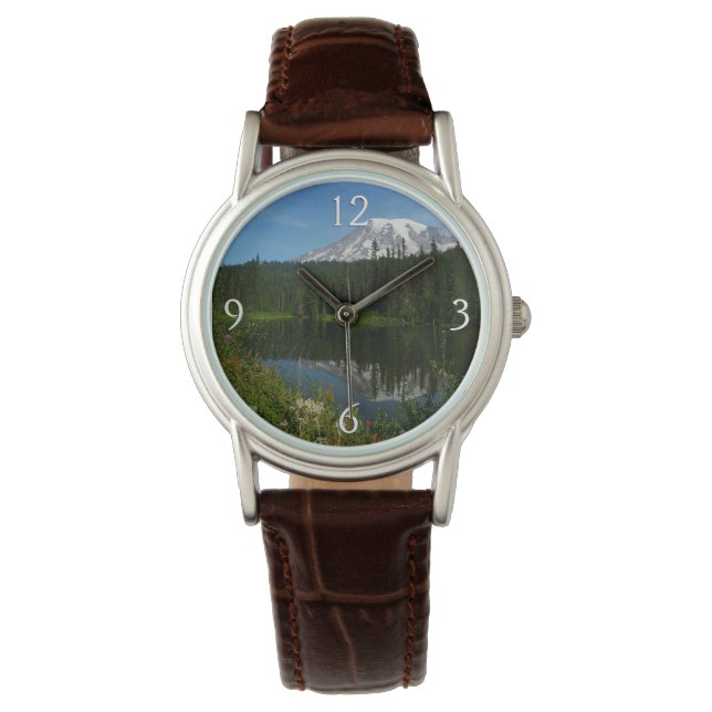 Mount Rainier sjöspegling med vildblommor Armbandsur (Framsida)