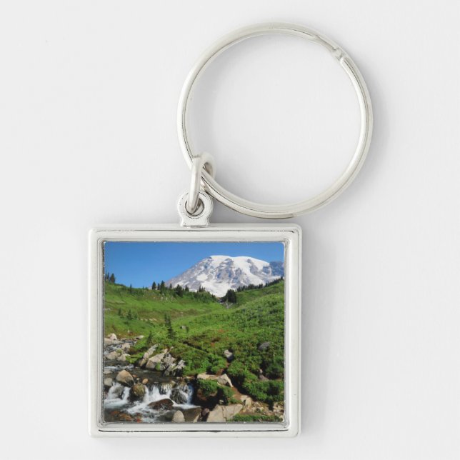Mount Rainier, vattenfall, snötäckt Fyrkantig Silverfärgad Nyckelring (Framsidan)