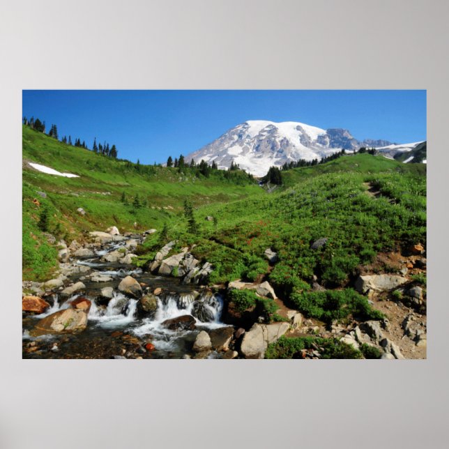 Mount Rainier, vattenfall, snötäckt Poster (Framsidan)