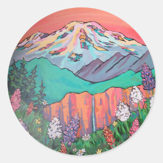 Mount Rainier Vildblomma Vattenfall Målning  Runt Klistermärke
