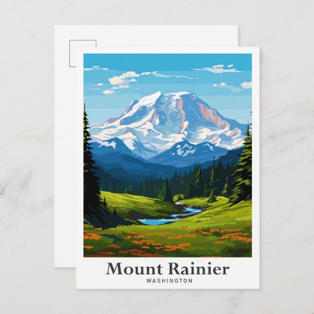 Mount Rainier Washington Travel Illustration Vykort (Fram/baksida)