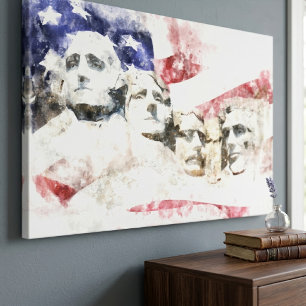 Mount Rushmore Akvarell med amerikansk flagga Canvastryck