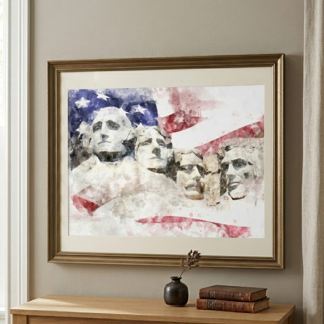 Mount Rushmore Akvarell med amerikansk flagga Fototryck (Mount Rushmore Watercolor with American Flag. Photo Print)