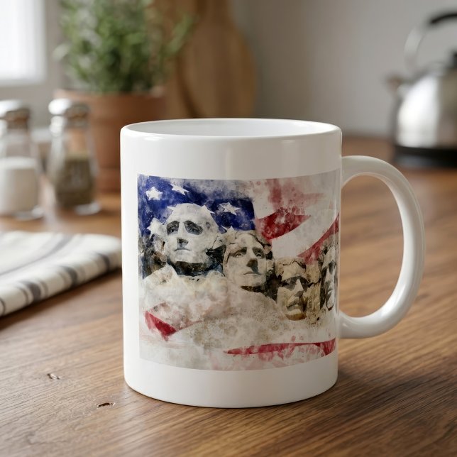 Mount Rushmore Akvarell med amerikansk flagga Kaffemugg (Mount Rushmore Watercolor with American Flag. Coffee Mug)