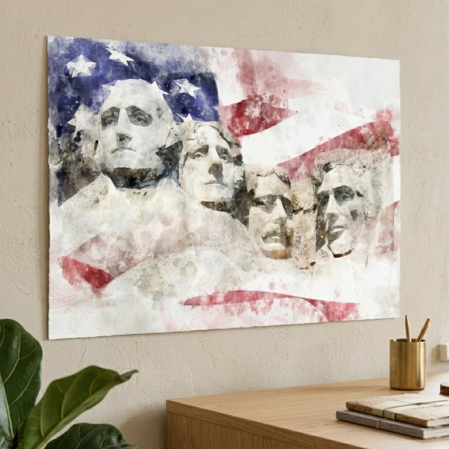 Mount Rushmore Akvarell med amerikansk flagga Poster (Mount Rushmore Watercolor with American Flag. Poster)