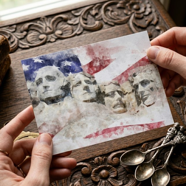Mount Rushmore Akvarell med amerikansk flagga Vykort (Mount Rushmore Watercolor with American Flag. Postcard)
