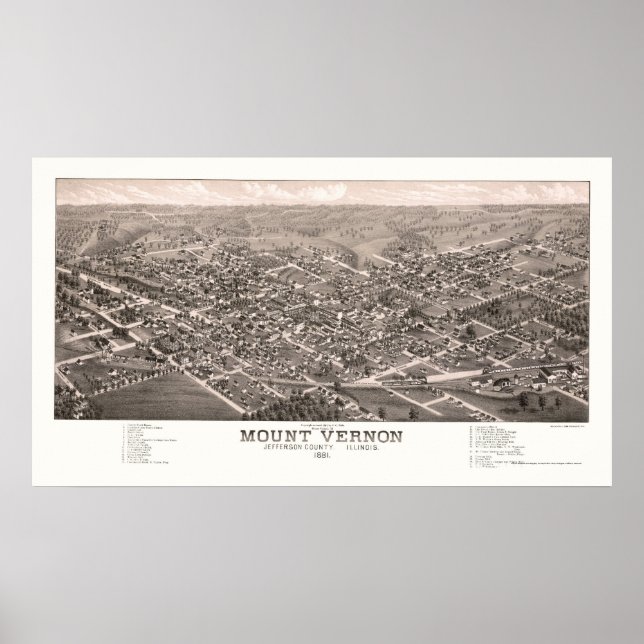 Mount Vernon, IL Panoramic Karta - 1881 Poster (Framsidan)